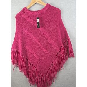 August Silk Knits Fringed Poncho Sweater Cape One Size Magenta Preppy Boho NEW